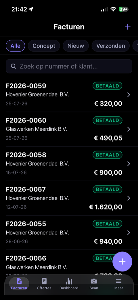 Invoisio app — facturen